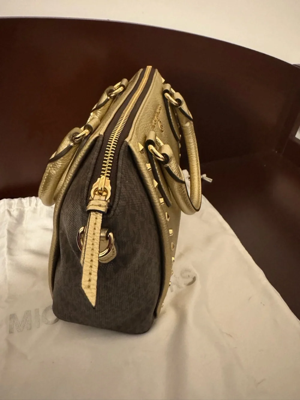 Michael Kors Gold and Brown Logo Satchel - Picture 4 of 7